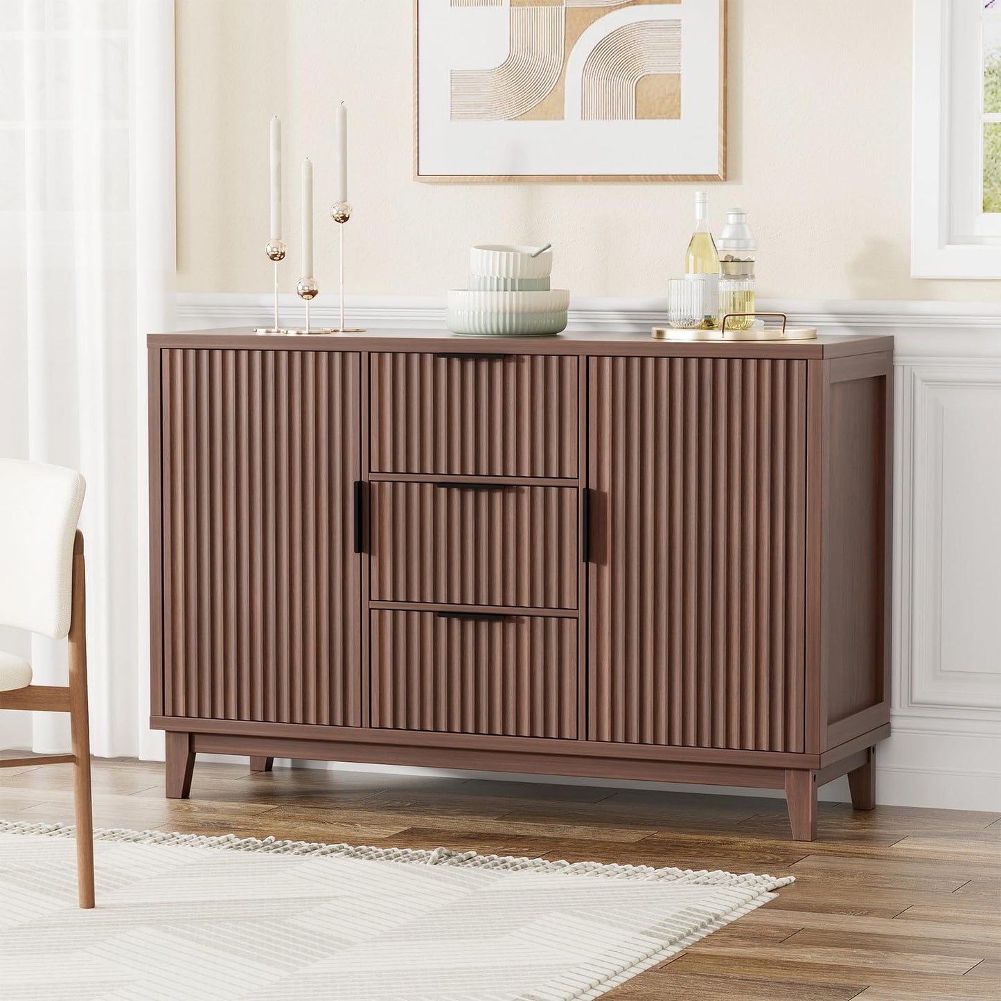47.2" W Storage Cabinet with 3 Drawers, Fluted Buffet Cabinet with Storage, Large Sideboard with 2 Door, Modern Mid Century TV Stand Coffee Bar Cabinets for Living Room, Kitchen, Entryway