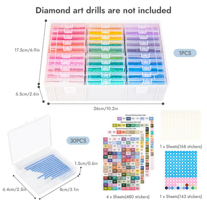 MOLEDINO 30 Pcs Diamond Painting Storage Trays with Lids, 2-in-1 Diamond Art Containers Trays Kit for Drills with 1 Large White Plastic Organizer Box, Stackable Bead Storage and Line-Up Accessories