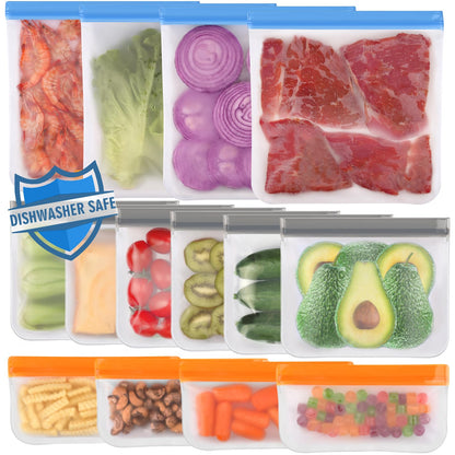 Lerine 10 Pack Dishwasher Safe Reusable Bags, Leakproof Reusable Freezer Bags, BPA Free Food Storage Bags for Marinate Food Travel - 3 Gallon 4 Sandwich 3 Snack