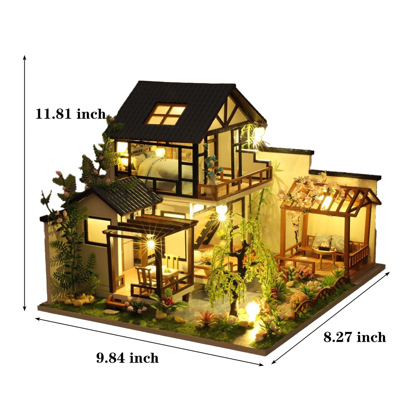 Bzmkpta DIY Miniature House Kit: Courtyard Dollhouse Kit for Adults & Teens, 3D Wooden Puzzle Booknook Bookshelf Insert Decor with LED Light, Tiny Model House Building Craft Miniature Kits, Ideal Gift