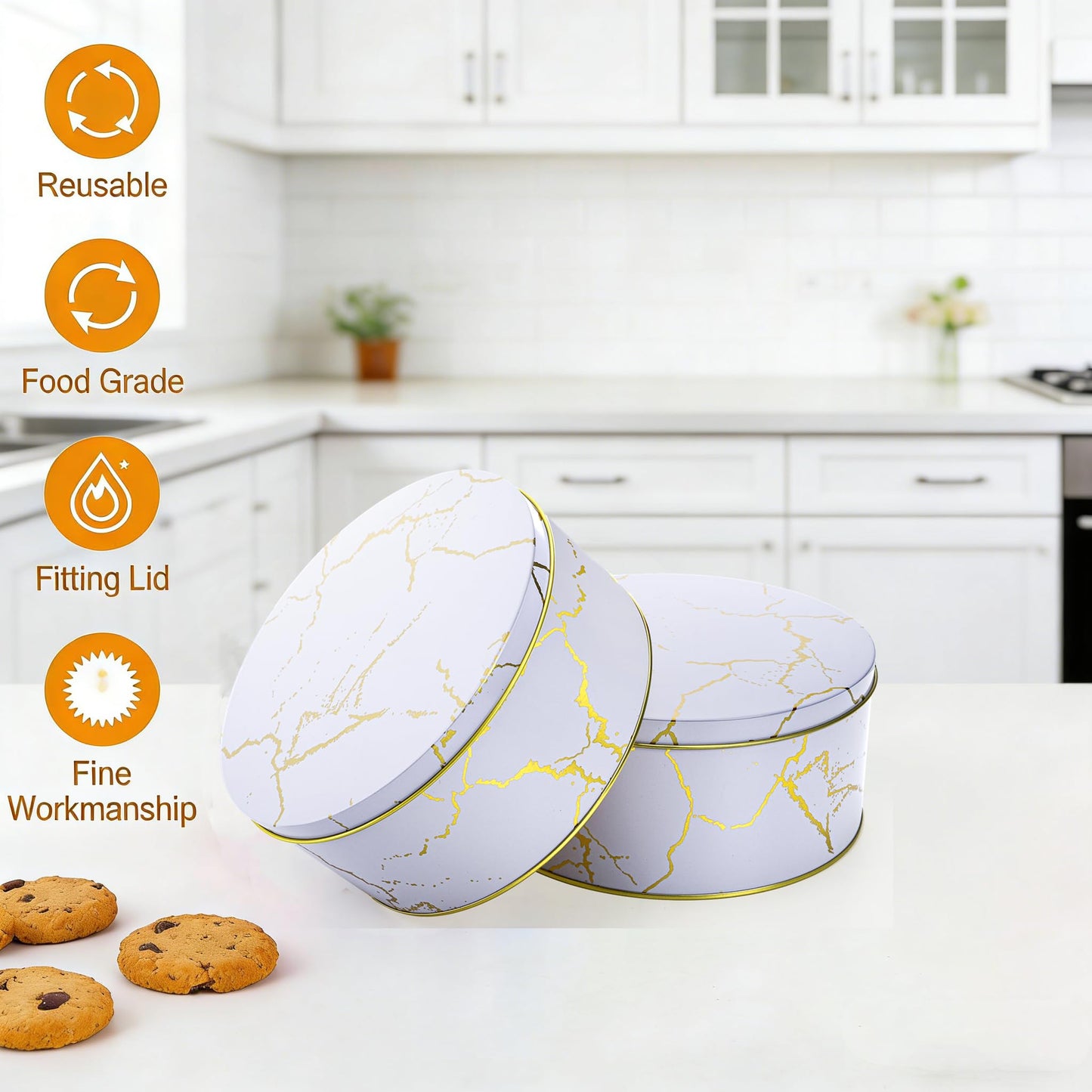 Yopay 3 Pack Cookie Tins with Lids, Round Gift Boxes for Toffee, Marbled Easter Baking Cake Containers for Valentines Gift Giving Puff Pastries Craft Supplies Metal Canister