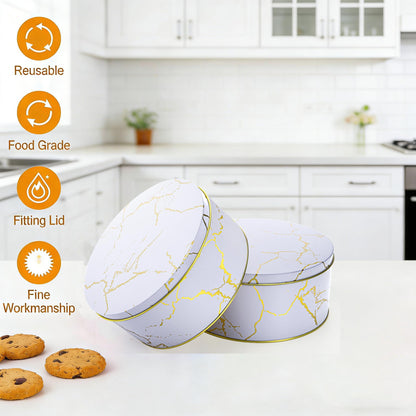 Yopay 3 Pack Cookie Tins with Lids, Round Gift Boxes for Toffee, Marbled Easter Baking Cake Containers for Valentines Gift Giving Puff Pastries Craft Supplies Metal Canister