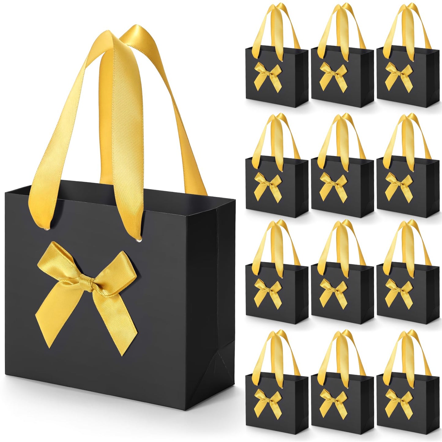 EQOREIIN 50 Pack Small Thank You Gift Bags with Bow Ribbon & Handles, 5.5x 2.5x4.7 Inch Black Gold Little Gift Bags for Jewelry, Baby Shower, Bridal Shower, Mother's Day,Christmas Holiday Gifts