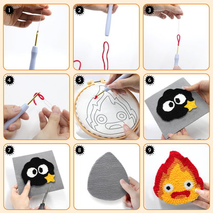 PUNICA Punch Needle Kit for Beginners, Kids & Adults Coaster Set of 6, Easy DIY Embroidery Set Starter Craft Gift with Cute Cartoon Decoration