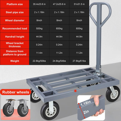 Heavy Duty Platform Cart - Foldable Handle, 180° Rotation, Flatbed Hand Truck for Warehouse, Construction, Moving, Commercial Use