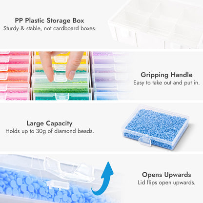 MOLEDINO 30 Pcs Diamond Painting Storage Trays with Lids, 2-in-1 Diamond Art Containers Trays Kit for Drills with 1 Large White Plastic Organizer Box, Stackable Bead Storage and Line-Up Accessories