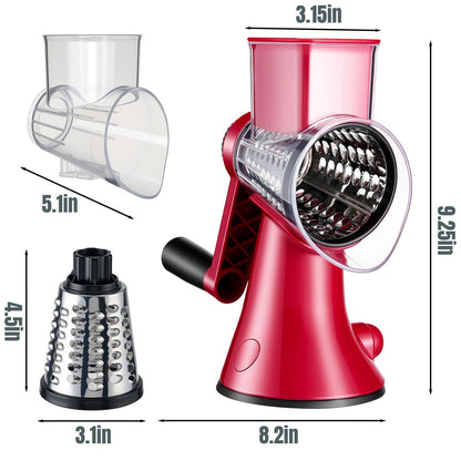 KYZ Rotary Cheese Grater - 12X Faster Hand Crank Vegetable Slicer with 3 Premium Stainless Steel Blades, Strong Suction Base, Dishwasher Safe Food Shredder for Cheese, Vegetables, Nuts, Chocolate