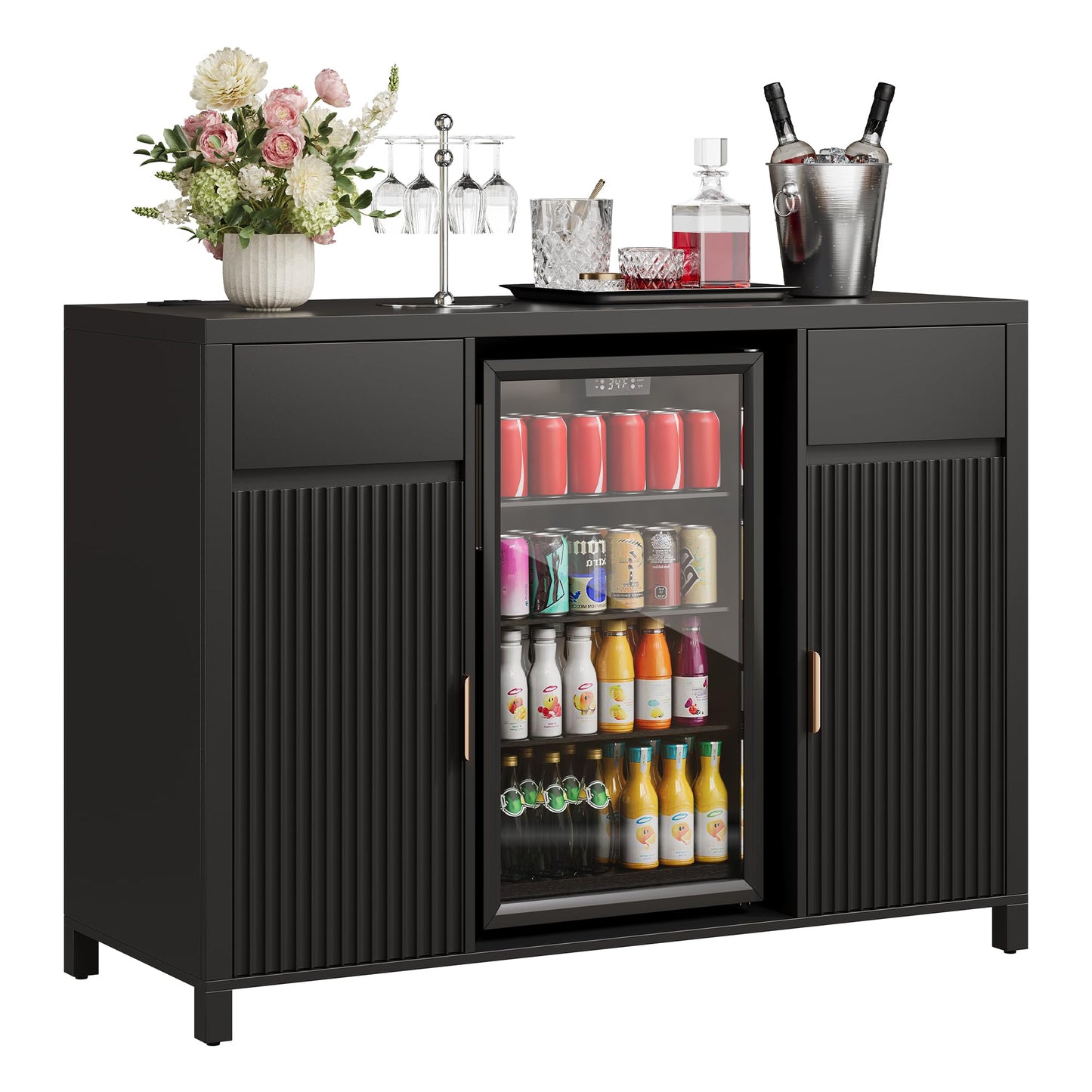 Garvee 53" Large Coffee Bar Cabinet with Fridge Space, Mini Fridge Cabinet with Wine Storage, Buffet Sideboard Table for Home, Fluted Liquor Cabinet with Wine Rack for Home, Living Room-Black