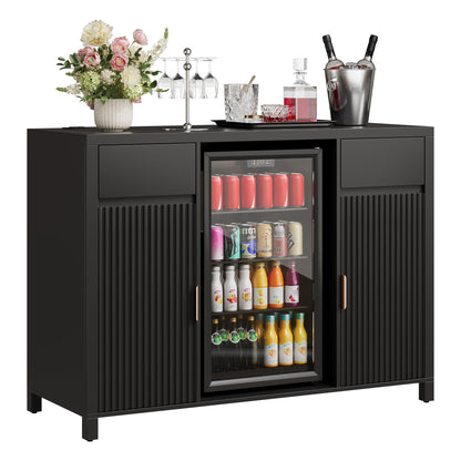 Garvee 53" Large Coffee Bar Cabinet with Fridge Space, Mini Fridge Cabinet with Wine Storage, Buffet Sideboard Table for Home, Fluted Liquor Cabinet with Wine Rack for Home, Living Room-Black