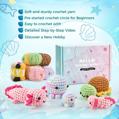 Crochet Kit for Beginners, 5 Pack Amigurumi Beginner Crochet Kits Animals, Crochet Turtle Axolotl Octopus Crocheting Kit, Easy Knitting Kit for Beginners with Step-by-Step Video Craft Kits for Adults