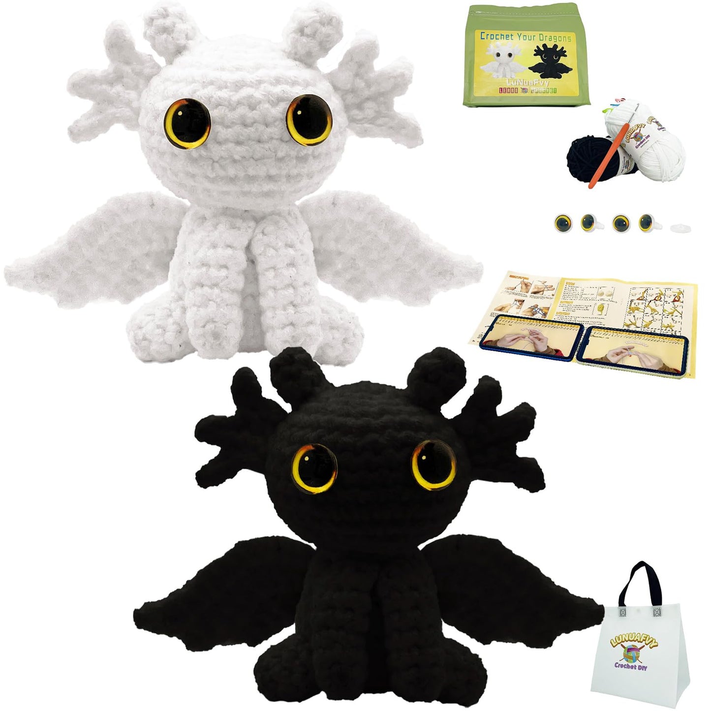 LuNuaFvy Crochet Kit for Beginners, Adults & Kids, Complete Animal Starter Kit to Make 2 Amigurumi Dragons,DIY Gift with Easy-to-Follow Book & Video Tutorial, Soft Yarn, 2 Bags