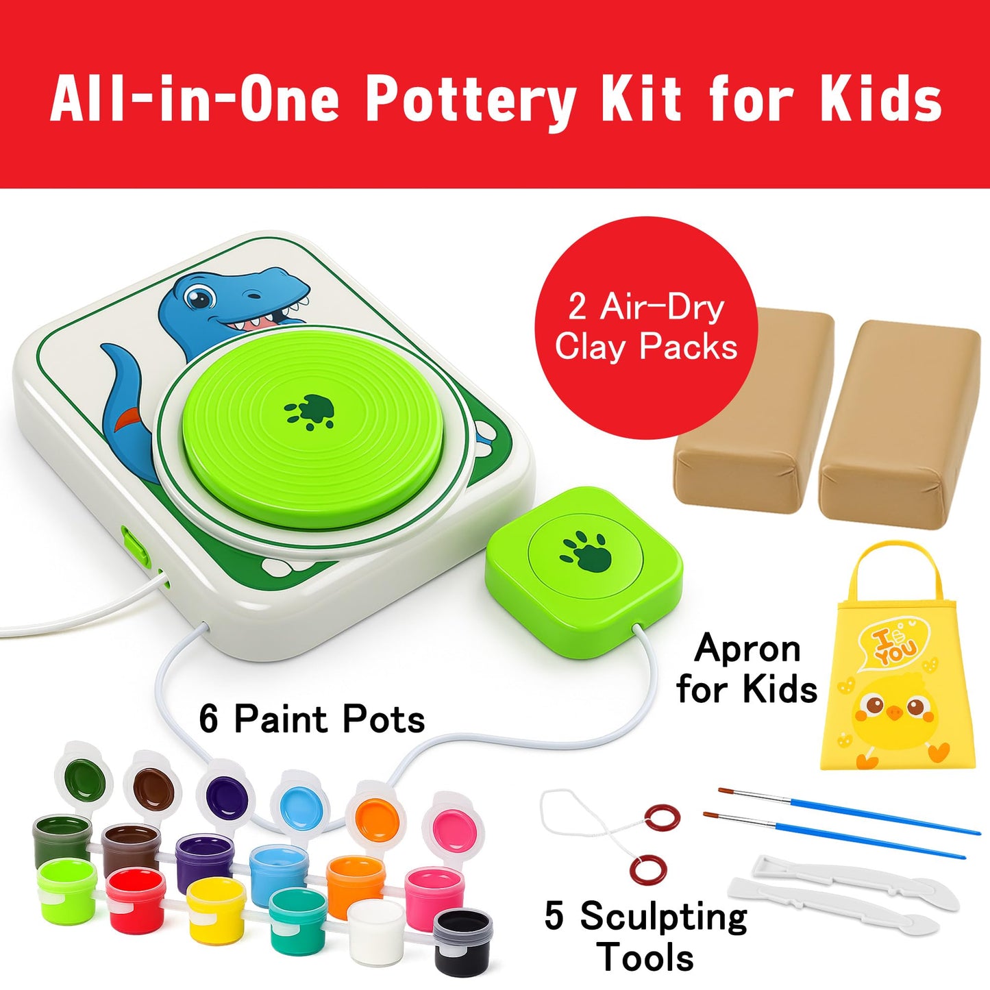 ROHSCE Pottery Wheel for Kids, Dinosaur Theme Pottery Studio Kit, Arts and Crafts for Boys and Girls Ages 5-12, Creative Holiday Gift with Non-Toxic Clay