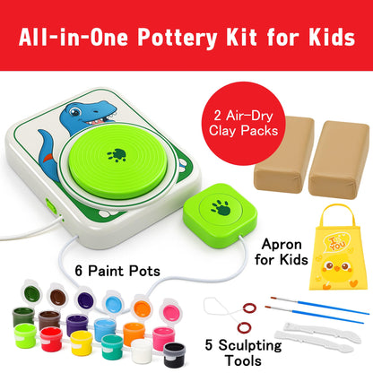 ROHSCE Pottery Wheel for Kids, Dinosaur Theme Pottery Studio Kit, Arts and Crafts for Boys and Girls Ages 5-12, Creative Holiday Gift with Non-Toxic Clay
