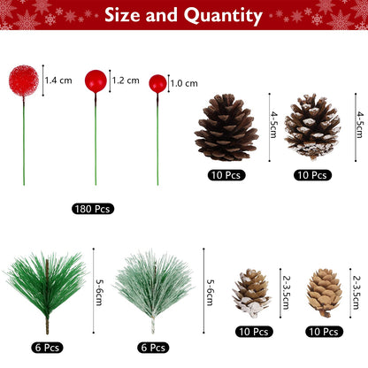Fovths 232 Pieces Christmas Wreath Making Decoration Artificial Pine Cone Berry Set Pine Natural Pinecones Branches for Xmas Tree Ornament Home Fall Winter Christmas Party DIY