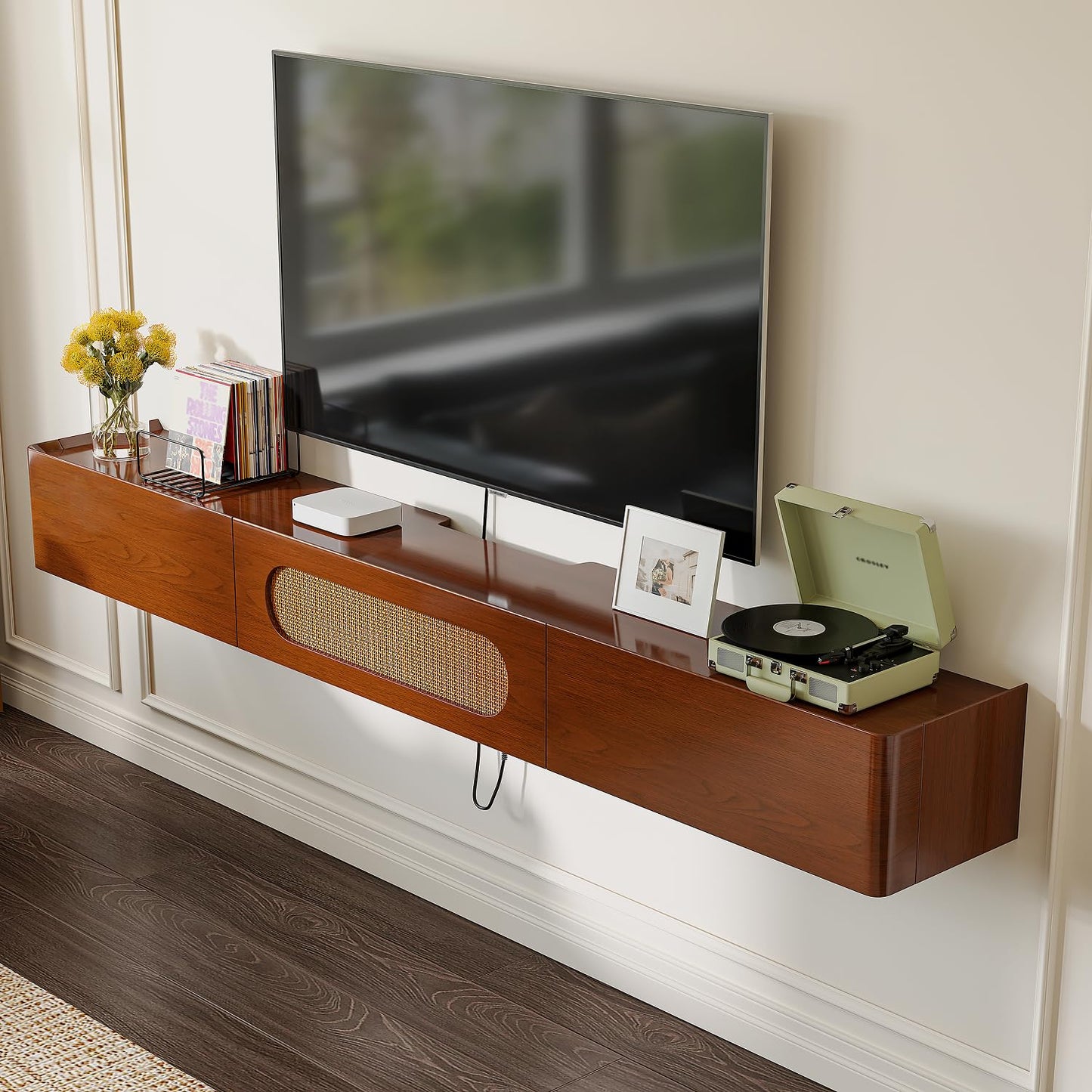 FurniNova Fully Assembled Floating TV Stand Wall Mounted 47'',High Gloss Floating Media Console with 2 Drawers & Rattan Door, Under TV Shelf for Living Room Bedroom Entertainment Center,Walnut