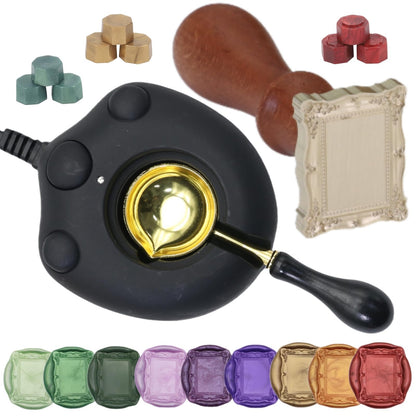 Frame Seal Stamp Kit, 728 Pcs Sealing Wax Beads Set with Electric Wax Seal Warmer Melting Furnace, Frame Waxstamp, Gold Melt Pen, Tweezer (K001)