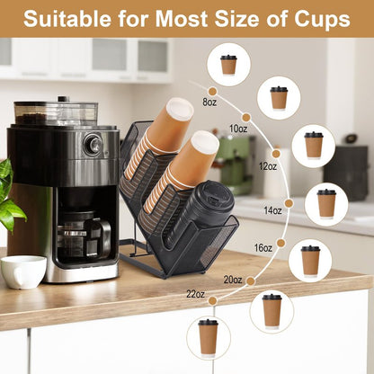 Cairondin Paper Cup and Lid Holder with Straw Organizer for Countertop Coffee Station Bar Restaurant Breakroom, Metal Midsize Disposable Coffee Cup Dispenser for Plastic Cup Lid Straw, Black
