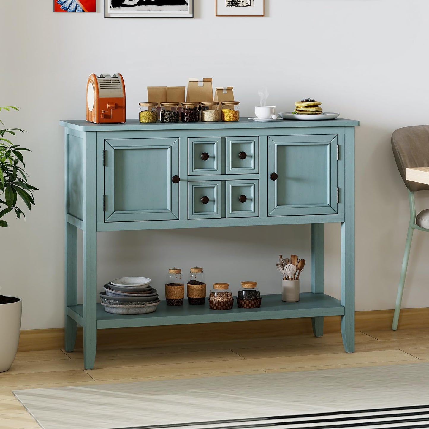Giantex Sideboard Buffet Cabinet with Storage, 42’’ Wood Credenza, Accent Coffee Bar Cabinet with Open Shelf, 2 Drawers & 2 Doors, Buffet Table for Entryway, Kitchen, Living Room, Hallway, Aqua Blue