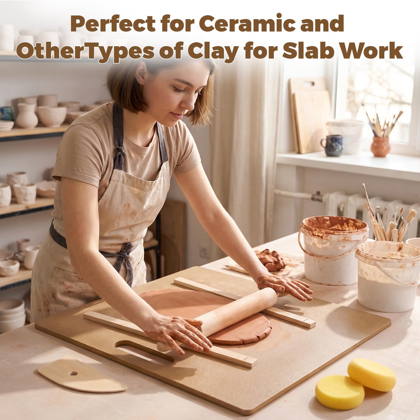 15 Pcs Wooden Pottery Tools Set – Clay Rolling Pin with Thickness Guides, Clay Wedging Board with Handle, Wooden Pottery Rib & Sponges – Ceramic & Polymer Clay Sculpting Kit