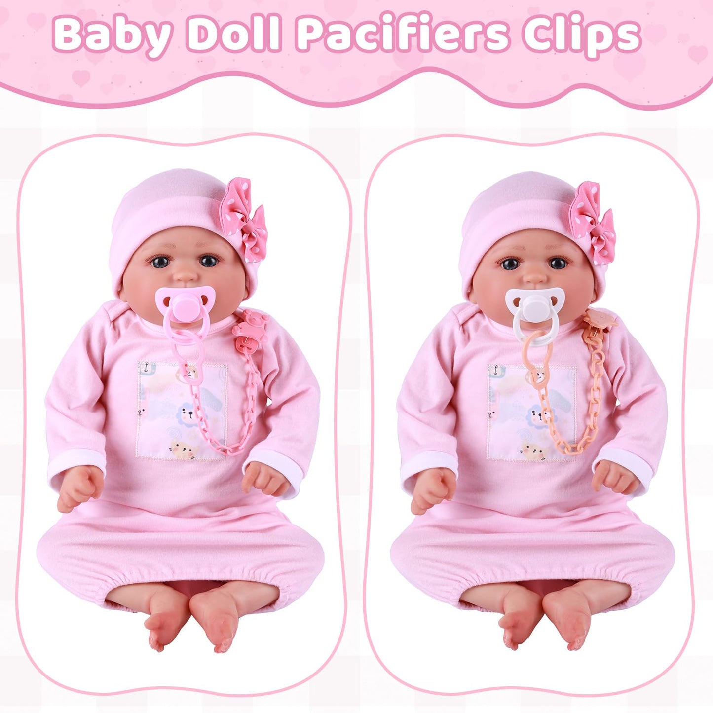 BABESIDE 6 Pcs Reborn Baby Doll Accessories Set, Cute Bear Pattern Baby Doll Bottles and Magnetic Pacifiers with Pacifier Clips Chain for Reborn Baby Dolls Girls & Boys