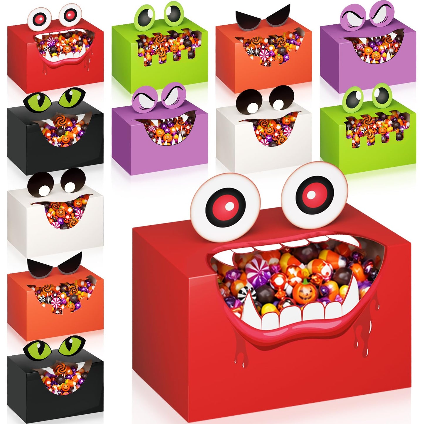 THAWAY 36 Pcs Halloween Treat Boxes with Funny Big Opening Design, Paper Candy Gift Goodie Boxes for Party Favors, Classroom Gift Exchange and Trick or Treating (6 Spooky Designs, 6x4x4 Inches)