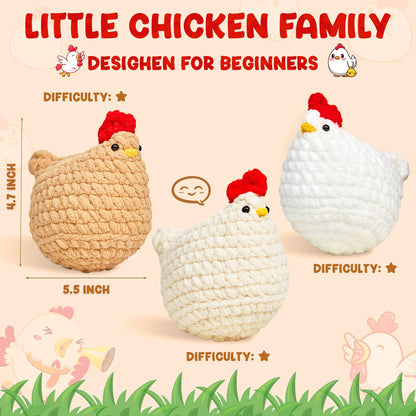 MAGIMUSE Crochet Kit for Beginners, Crochet Starter Kits for Adults Amigurumi Craft Knitting Crochet Animals Kits with Step-by-Step Video Tutorials, 3 Pcs Chicken (40%+ Yarn)