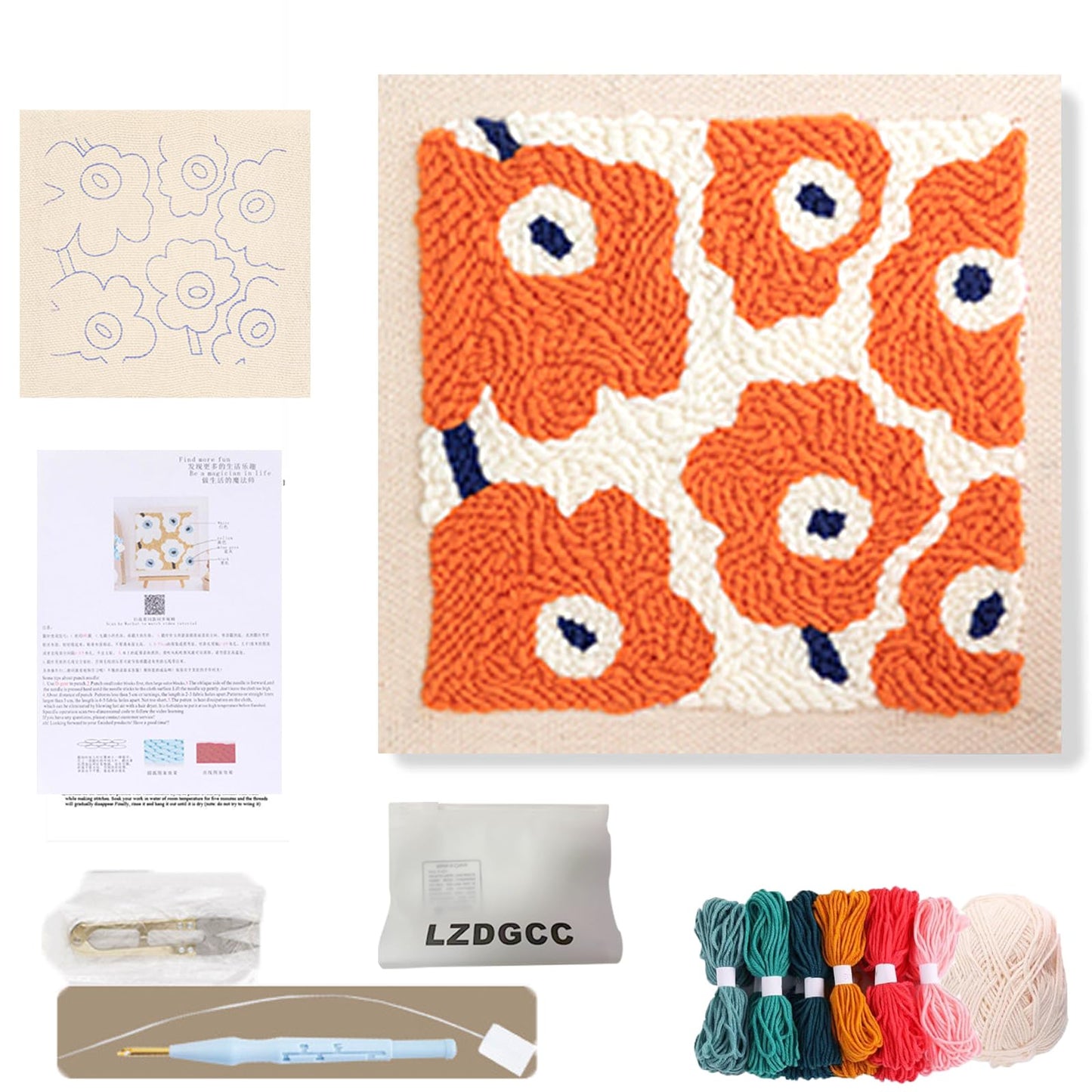 Embroidery Punch Needle Kit Frame, Punch Needle Kits Adults Beginner, Embroidery Starter Kit, Needle Punch Tool with 9.8x9.8in Punch Needles Fabric with Pattern, Threader, Yarns, Pinch Needle (Orange)