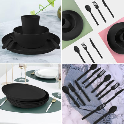 Wheat Straw Dinnerware Sets - 24 pcs Lightweight Unbreakable Cups, Cutlery, Plates & Bowls for 4