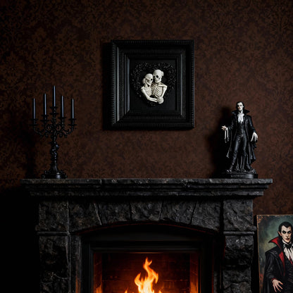 Skeleton Couple Hugging 3d Wall Sculpture Love Never Dies Black Wedding Roses Heart Wreath with Black Framed for Home Decor Accents, Living Room, Entryway Wall Art, Gothic Wall Decor