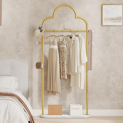 YATINEY Coat Rack Freestanding, Heavy Duty Clothes Rack with 4 Hooks, Metal Coat Hanger Stand with Stable Base, Gold Clothing Rack for Entryway, Bedroom, Office, Gold and Marble White YM04DM
