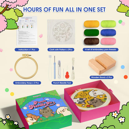 yuegool 2PCS Punch Needle Decoration Kit,Easy DIY Punch Needle Embroidery Kit for Beginners Adults Including Patterns, Tools, Yarns, Hoop, Instruction, Bracket Art Craft Supplies