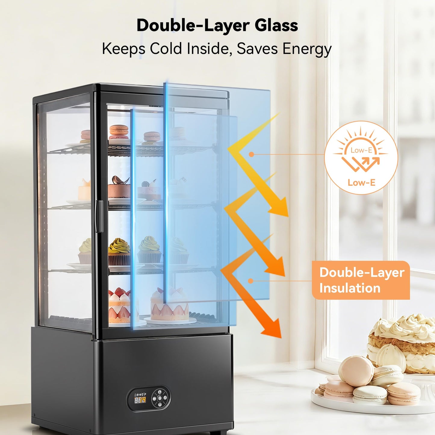 Tylza Refrigerated Display Case Countertop, 2.7 Cu.Ft/78L Commercial Display Refrigerator, LED Lighted Showcase, Double Glass Door, 32-54°F, Auto Defrost Air Cooling for Bakery, Cafe, Store