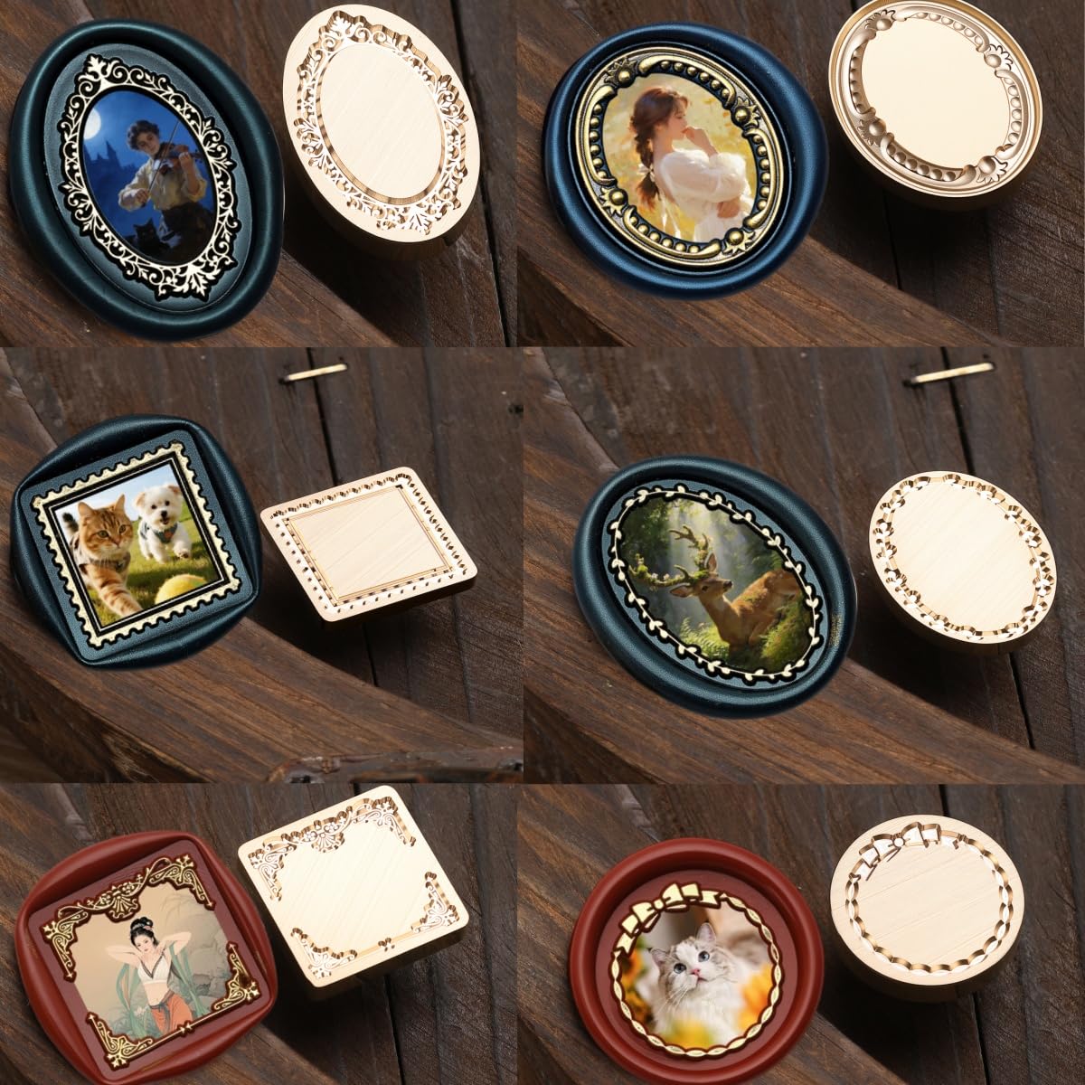 6-in-1 Vintage Embossed Frame Wax Seal Stamp Kit- Rectangle & Oval & Heart 3D Relief Photo Frame Seal Stamps with Wood Handle, Retro Sealing Wax Stamp for Wedding Invitations, Letters (6B)