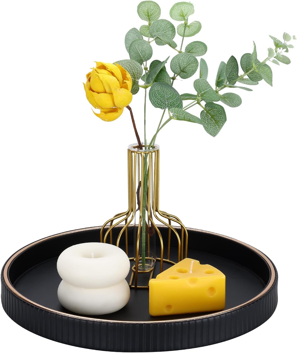 12" GORESE Decorative Tray for Home Decor, Round PU Leather Coffee Table Tray Table Centerpiece for Living Room