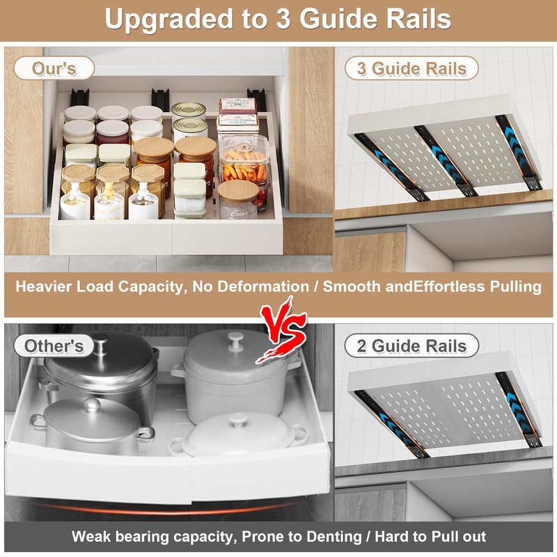 Pull out Cabinet Organizer,Width (14"-21") and Depth (17"-24") Expandable With 3 Rails,No Drill Adjustable Slide out Drawers for Kitchen,Pantry,Adhesive Roll out Shelves,for Cabinets Without Lip,White
