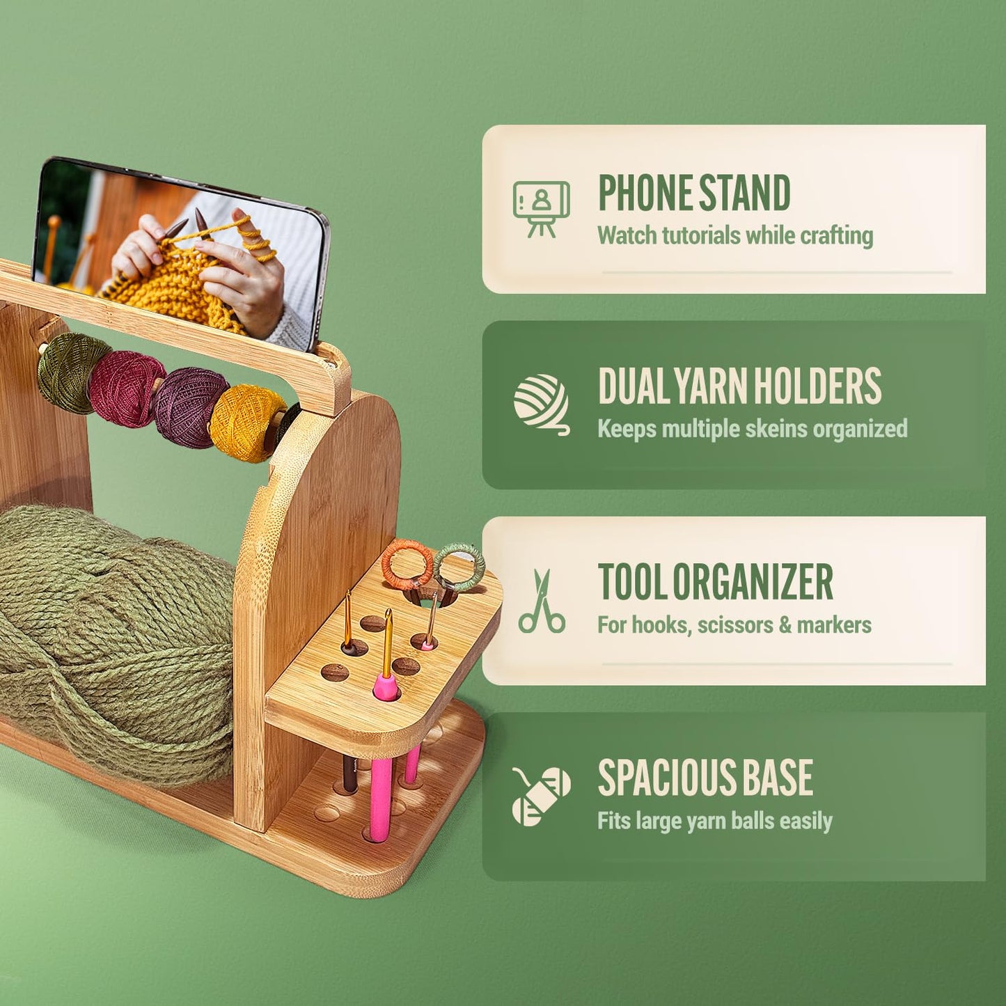 Yarn Holder for Crochet Accessories – Durable Bamboo Wood Knitting Accessories Yarn Storage Organizer with Built-in Phone Stand – Tangle-Free Dual Rods and Tool Holder – Works with Skein, Cake, Ball