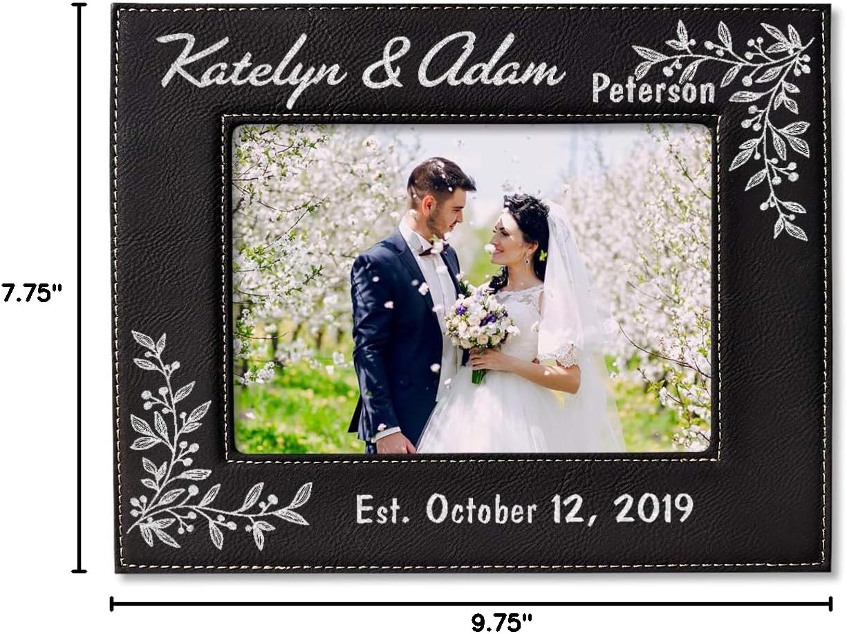 Personalized Newlywed Couples Leather Picture Frame - 7x5 Engraved Wedding Anniversary Gift