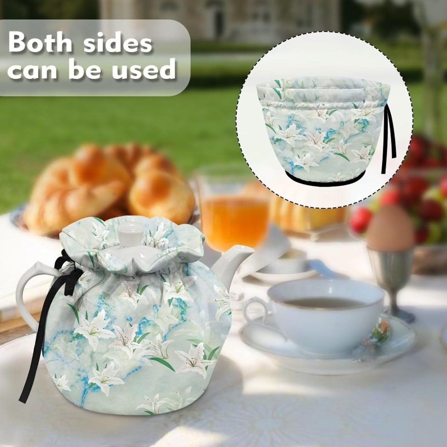 Vintage Cotton Tea Cozies Cover for Teapots, Insulation Breakfast Kettle Cover with Elastic Band, White Lily Print