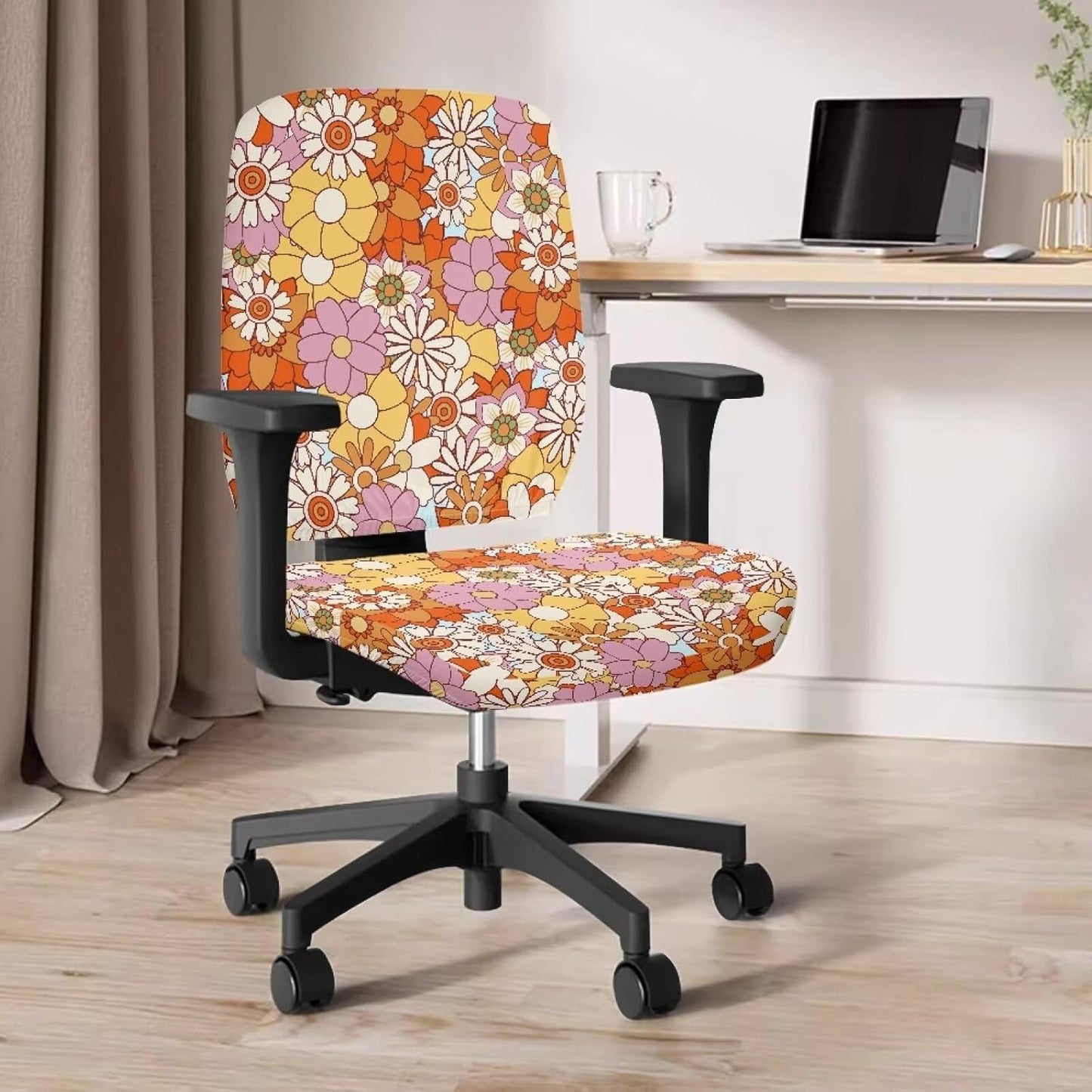 Cadowhimsy 2 Hippie Daisy Flower Print Office Chair Slipcover Piece Desk Chair Cover Removable Computer Chair