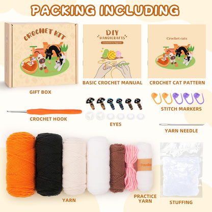 Crochet Kit for Beginners - 4 PCs Cat Crochet Kits with Step-by-Step Video Tutorials, Beginner Crochet Kit for Adults Kids, Learn to Crochet Animal Kit, Creative Crochet Gift for Cat Lovers