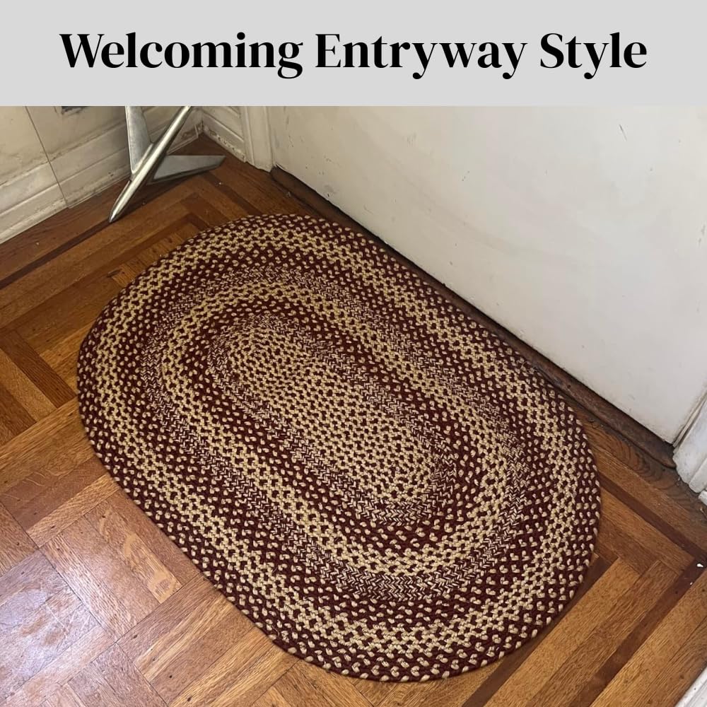 Jute Braided Rugs 4x6' Oval Rustic Trails – Burgundy & Tan Primitive Rugs for Living Room, Dining Room Decor, Farmhouse Living Accent