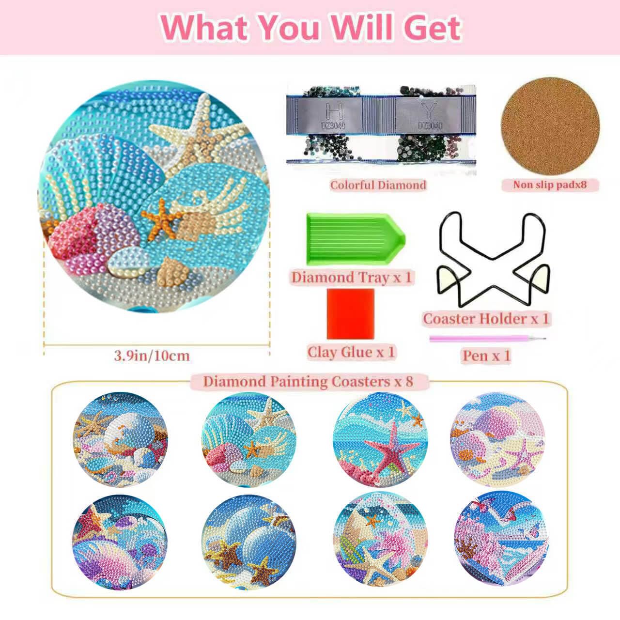 8 Pcs Beach Diamond Art Coasters with Cork Pads, 5D Shell Diamond Painting Coasters, Non Slip Diamond Art Kits for Adults-Crafts Supplies for Gift