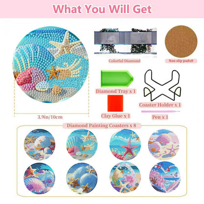 8 Pcs Beach Diamond Art Coasters with Cork Pads, 5D Shell Diamond Painting Coasters, Non Slip Diamond Art Kits for Adults-Crafts Supplies for Gift