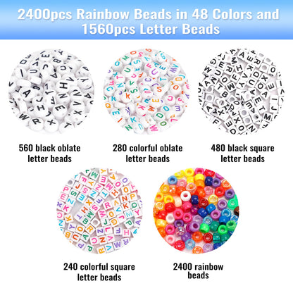 Quefe 48 Colors Bracelet Making Kit Pony Beads 4000pcs Kandi Beads for Friendship Bracelet Making Kit 2400 Plastic Rainbow Bulk and 1600 Letter Beads for Keychains Craft Jewelry Necklace