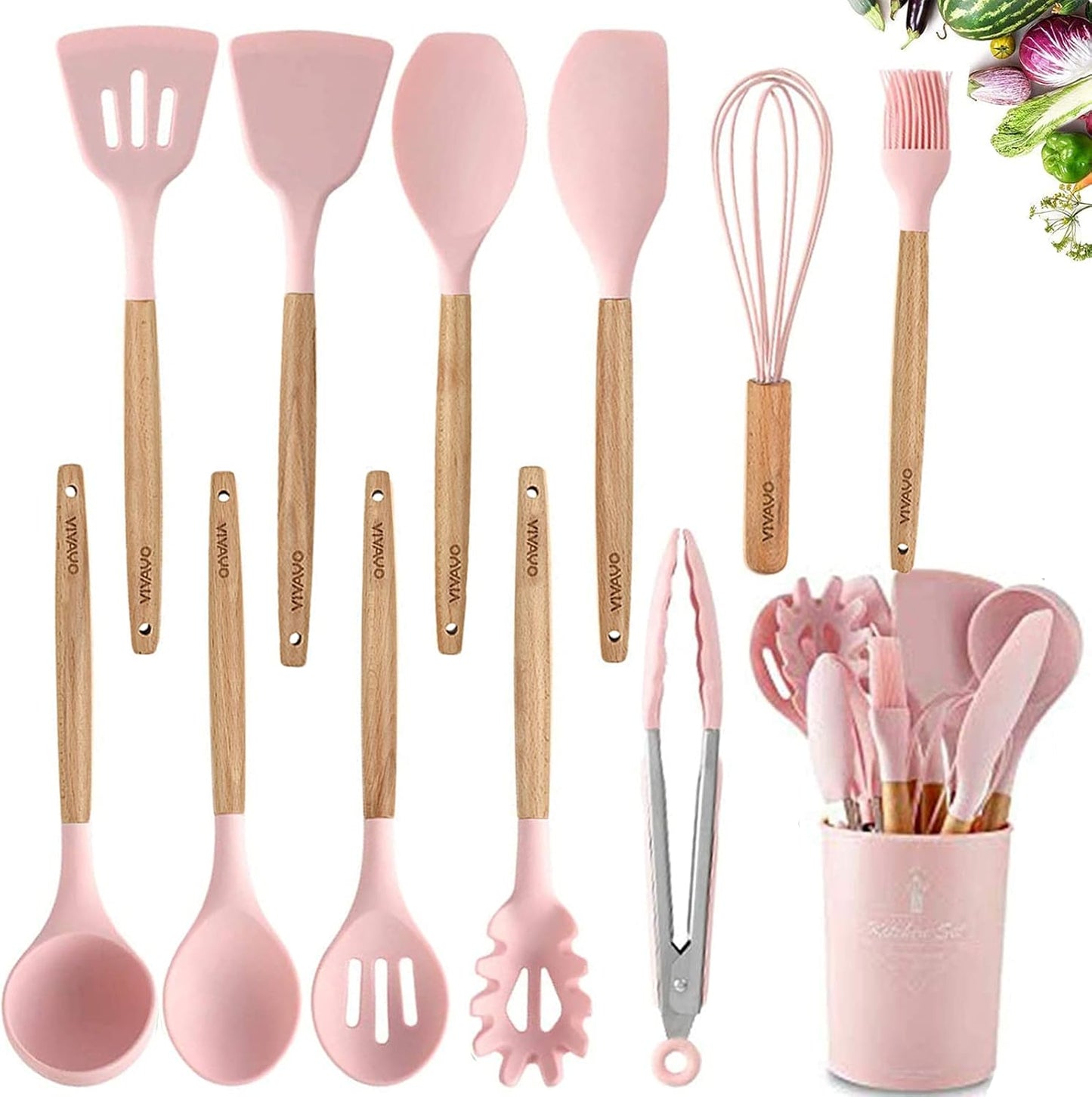 Silicone Cooking Utensil Set, 12 Pieces with Wooden Handles, Kitchen Spatula Sets with Holder Spoon Turner Tongs