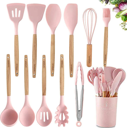 Silicone Cooking Utensil Set, 12 Pieces with Wooden Handles, Kitchen Spatula Sets with Holder Spoon Turner Tongs