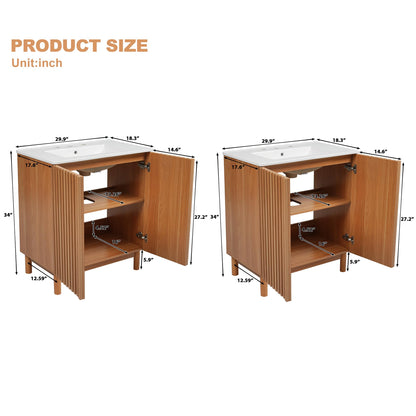 Merax 59.8" Bathroom Vanity with Ceramic Sink, Double Bathroom Vanity Combo, Freestanding Bathroom Cabinet with Wooden Legs, MDF Structure, Soft Close Doors, Adjustable Shelf