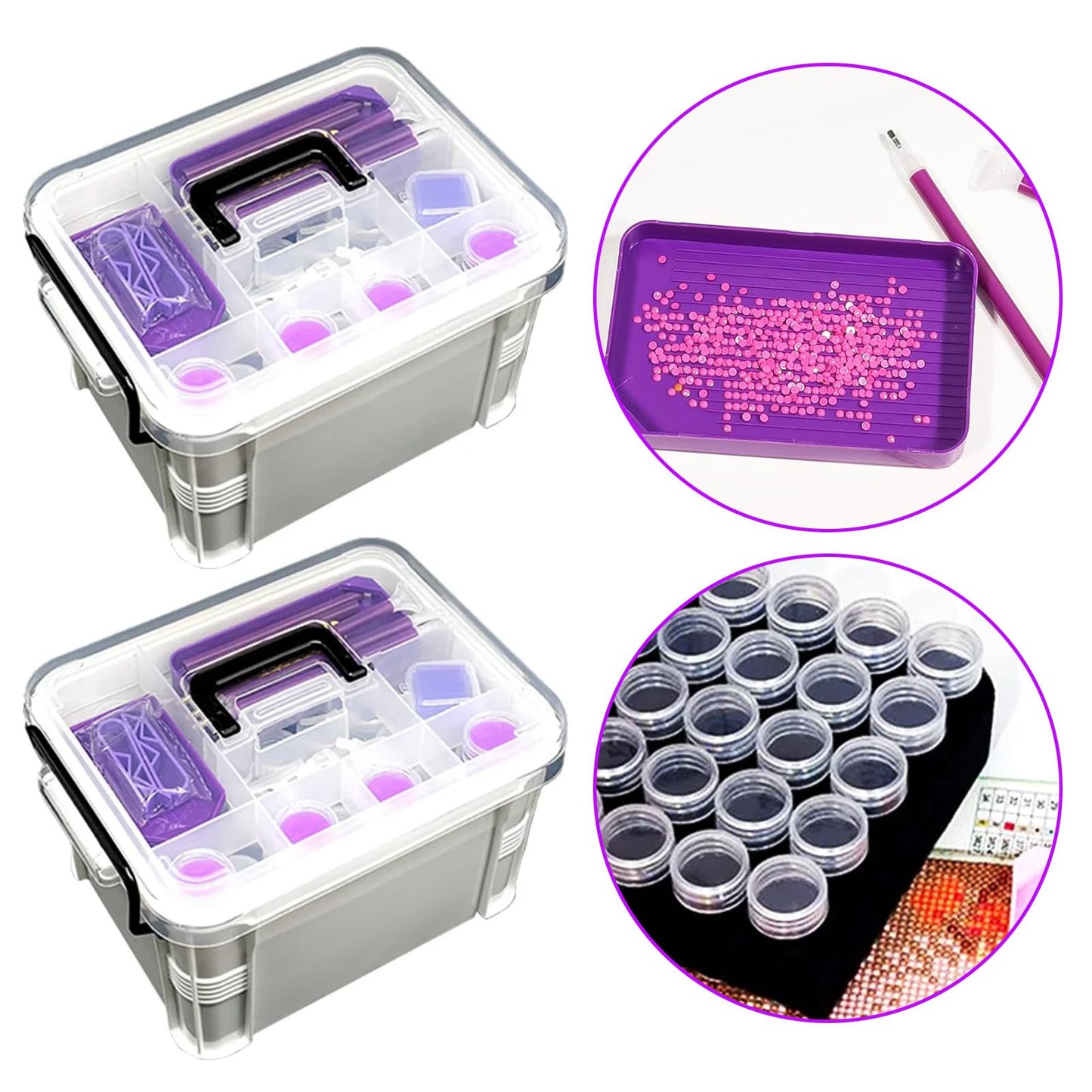 CXJINZE Diamond Painting Tools Accessories Storage-Kit - 111Pcs 5D Set Portable Tool Box with Handle Craft Jewelry Bead Storage Purple Box Art Trays for Diamond Painting Accessories and Tools
