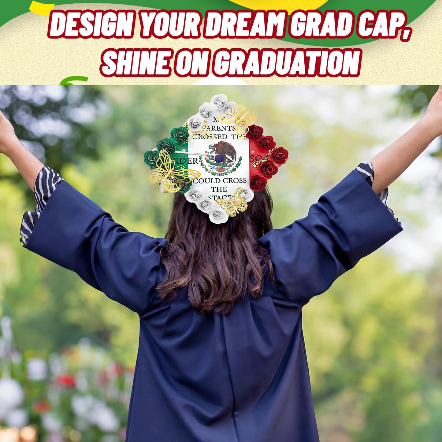 Dunzoom 37 Pcs Mexican Flag Graduation Cap Decorations Kit, Glitter Mexican Flag Grad Cap Topper with Paper Flowers 3D Butterflies for Grad Hat Topper Cover Craft Gift Decor(Style A)