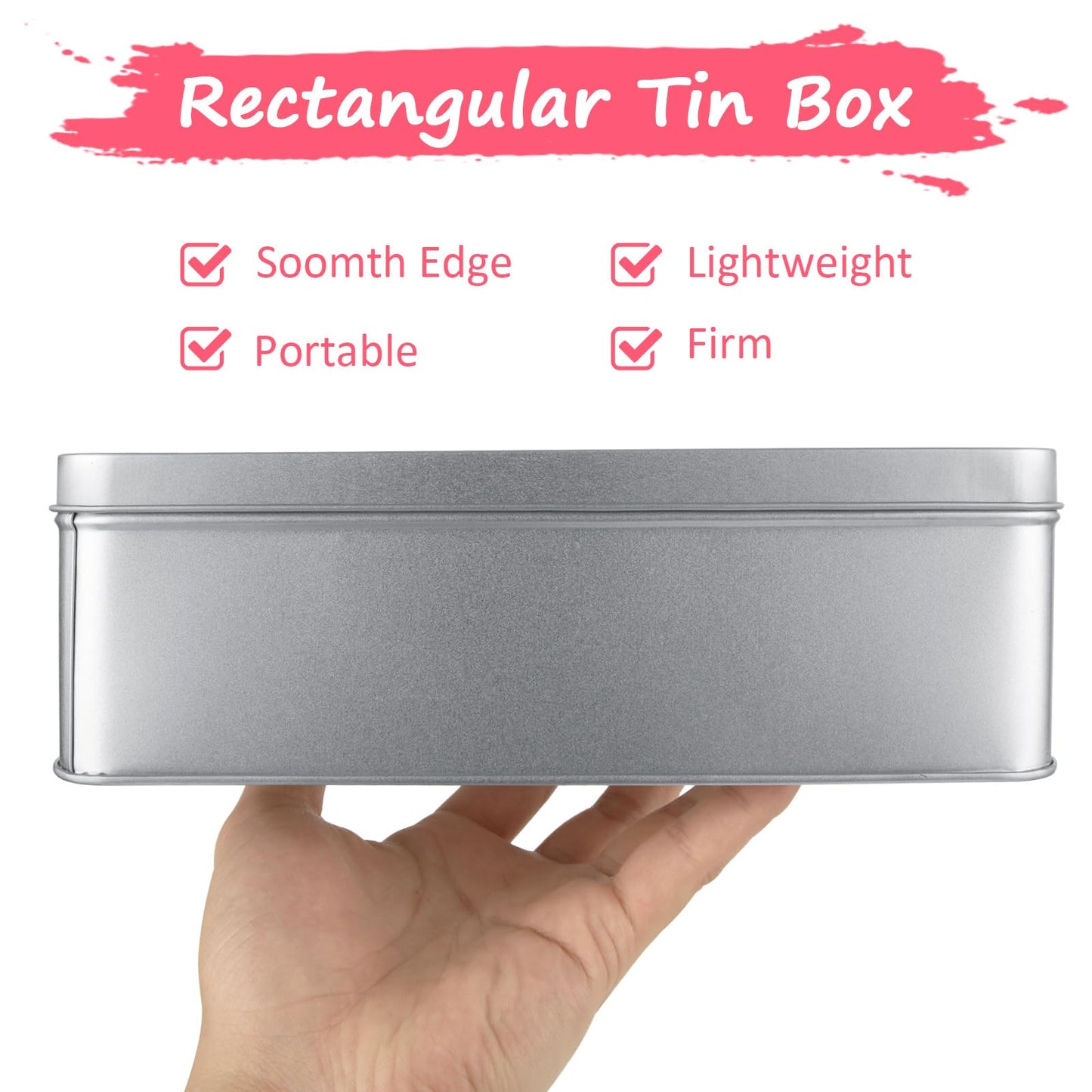 2Pcs Metal Tin Box, 8.6”x 6.3”x 2.5”Rectangular Empty Tin Box Containers with Lids, Large Tinplate Containers for Home Organizer, Gifts, Cookies, Pencil Case, Car Keys, Craft Storage, Silver Tone